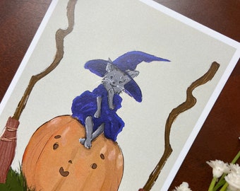 Halloween Cat Witch with Pumpkin Cardstock Print