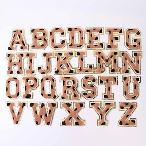 Leopard Print 3.12&quot; Chenille Letters | Gold Glitter Varsity Letter | Iron On Patch | DIY Preppy Patches Monogram