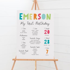 Może przedstawiać: Biała tablica z kolorowymi kółkami, które tworzą napis "EMERSON" i tekst "Moje pierwsze urodziny". Tablica zawiera listę osiągnięć dziecka, w tym wagę, wzrost, ulubione jedzenie, piosenki i książki. Tablica jest wyświetlana na drewnianym sztalugach.