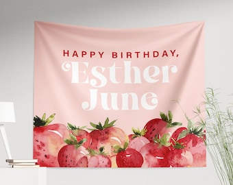 Strawberry Birthday Tapestry, Fabric Backdrop, First Birthday, Photo Prop, Berry First, Pink