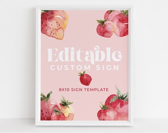 EDITABLE Strawberry Party Sign, Berry First Birthday Sign, Sweet One Party Poster, Instant Download First Birthday Sign