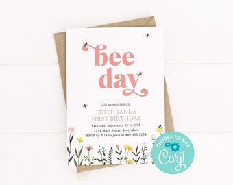 EDITABLE First Birthday Invitations, Wildflower Bee Day Invitation, Instant Download Invitation, Girl First Bee Day, Honey Bee Invitations