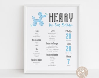 Balloon Dog First Birthday Milestone Board, Editable Template (Digital Download)