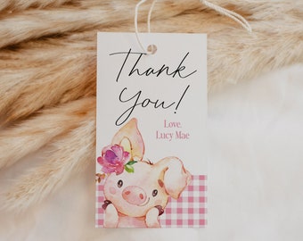 EDITABLE Little Piggy Thank You Tag, Pig Favor Tag, Farm Thank You Sticker, Girl Farm Party