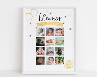 Honey Bee First Birthday Poster, Photo Collage, Month by Month, Buzz, Bee Day, Milestones Prop, Party Decoration, Personalized Digital File