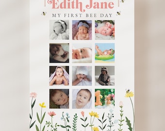 Wildflower Bee Baby Milestone Photo Poster, First Birthday (Editable on Corjl)