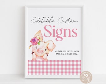 EDITABLE Little Piggy Party Birthday Signs, First Birthday Farm Birthday Welcome Sign Template, Pink Girl Party Decor, Dessert Table Sign