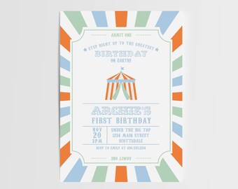 EDITABLE Circus Birthday Invitation, Instant Download Under the Big Top Party Invite, Carnival Circus First Birthday, Ringmaster Party