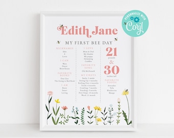 Bee Milestone Poster, First Birthday Sign, Editable Template