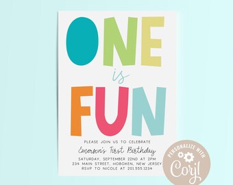 EDITABLE Colorful Invitation, One is Fun First Birthday, Tropical Confetti Instant Download Invite, Summer Kid Birthday, Fun in the Sun