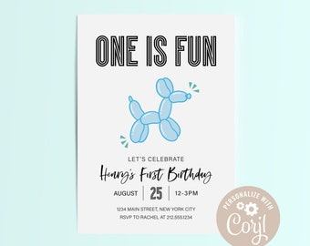 EDITABLE Balloon Dog Invitation, One is Fun First Birthday, Girl Birthday Invite Template, Party Animal Birthday Instant Download