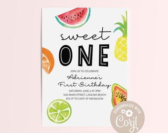 EDITABLE Sweet One Summer Fruit Invitation, Tropical First Birthday, Instant Download, Summer Birthday, Fun in the Sun. Printable