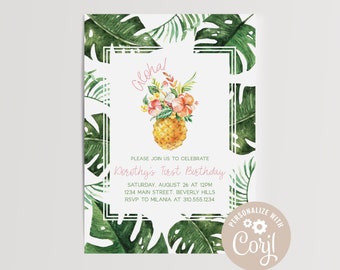 EDITABLE Luau Pineapple Invitation Template, Tropical Girl Summer Birthday Invite, Island Party, Hawaiian First Birthday, Aloha Birthday