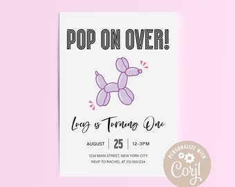 Balloon Dog Birthday Invitation, Girl First Birthday, Editable Template (Digital Download)