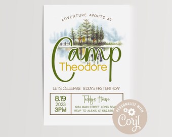 EDITABLE Forest Invitation, Camping, Summer Camp, First Birthday, Outdoors, Instant Download, Corjl, DIY, Baby Shower. Printable, Photo Card