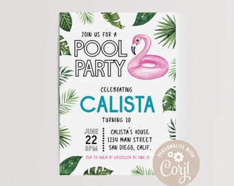 EDITABLE Pool Float Invitation, Pool Birthday Party, Flamingo, Aloha, First Birthday, Retro, Palm Trees, Printable, Photo Card