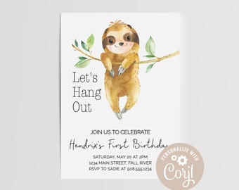 EDITABLE Sloth Invitation, Let's Hang Out Sloth Birthday Party, Sloth Baby Shower, Boy First Birthday Invite, Printable