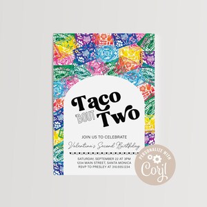 Op de afbeelding: Een kleurrijke uitnodiging met een feestelijk Mexicaans thema. De uitnodiging luidt "Taco Bout Two" en is versierd met kleurrijke papieren uitsnijdingen. De tekst luidt "Doe met ons mee om Valentina's tweede verjaardag te vieren" en bevat de datum, tijd, locatie en RSVP-informatie.