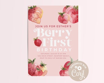 Editable Strawberry Invitation, Berry First Birthday Invite, Girl Summer Birthday, Farmers Market Birthday, Berry Sweet Girl, Sweet One