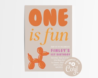 EDITABLE One is Fun Invitation, Balloon Dog First Birthday, Birthday Invite Template, Party Animals, Two Much Fun, Printable, Puppy Party