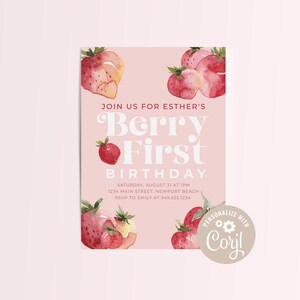 Editable Strawberry Invitation, Berry First Birthday Invite, Girl Summer Birthday, Farmers Market Birthday, Berry Sweet Girl, Sweet One image 1