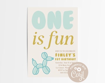 EDITABLE One is Fun Invitation, Balloon Dog First Birthday, Birthday Invite Template, Party Animals, Two Much Fun, Printable, Puppy Party