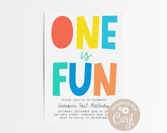 EDITABLE Colorful Invitation, One is Fun, First Birthday, Confetti, Instant Download, Corjl, DIY, Baby Shower. Printable, Photo Card