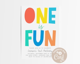 Editable One is Fun Birthday Invitation, Colorful Confetti (Digital Download)