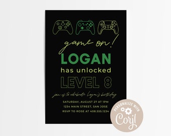 Gaming Birthday Invitation Template, Boy Birthday Invites, Video Game Invitation Template, Game Truck Party Invitation, Level Up, Fort Night