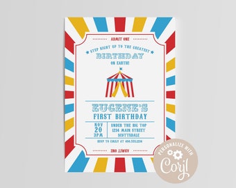 EDITABLE Circus Birthday Invitation, Carnival, First, Under the Big Top, Step Right Up, Instant Download, Template, Baby Shower, Printable