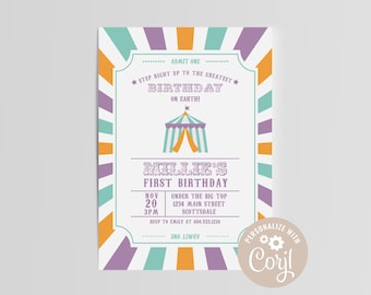EDITABLE Circus Birthday Invitation, Carnival, First, Under the Big Top, Step Right Up, Instant Download, Template, Baby Shower, Printable