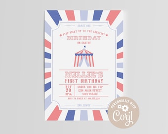 EDITABLE Circus Birthday Invitation, Carnival, First, Under the Big Top, Step Right Up, Instant Download, Template, Baby Shower, Printable