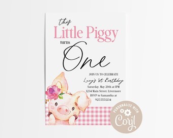 EDITABLE Pig Invitation Template, Little Piggy Theme Party, Girl First Birthday Party, Pink Farm Birthday, Gingham Girl Party