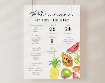 EDITABLE Fruit First Birthday Milestone Board, Sweet One Milestone Poster Template, Summer Milestone Sign, Girl Birthday Party Decor