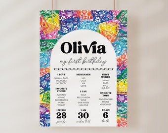 Pode incluir: Um cartaz colorido para o primeiro aniversário com um design de arco-íris. O cartaz apresenta o nome Olivia, juntamente com detalhes sobre o primeiro ano da criança, incluindo seus alimentos favoritos, brinquedos e marcos. O cartaz é decorado com recortes de papel coloridos.