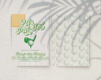 May include: A green and white golf-themed birthday invitation with the text "Let's Par-Tee" and "Harry's 40th Birthday". The invitation includes details for the party, including the date, time, location, and RSVP information.