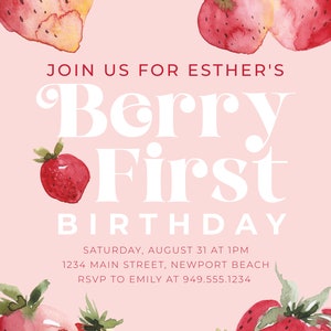 Editable Strawberry Invitation, Berry First Birthday Invite, Girl Summer Birthday, Farmers Market Birthday, Berry Sweet Girl, Sweet One image 2