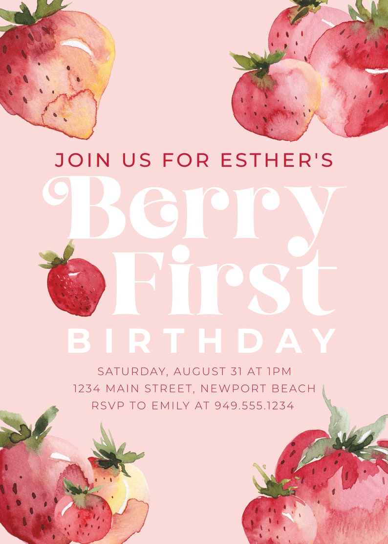 Editable Strawberry Invitation, Berry First Birthday Invite, Girl Summer Birthday, Farmers Market Birthday, Berry Sweet Girl, Sweet One image 2