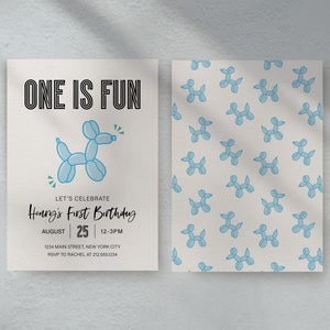 Invitación EDITABLE para perros con globos, uno es divertido primer cumpleaños, plantilla de invitación de cumpleaños para niñas, descarga instantánea de cumpleaños de animales de fiesta