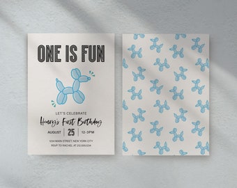 Balloon Dog Birthday Invitation, One is Fun, Girl Birthday Invite (Digital Download)