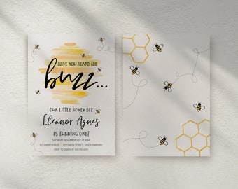 First Bee Day Birthday Invitation Template, Editable Honey Invite