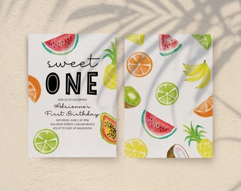 Tropical First Birthday Invitation, Sweet One, Summer Fruit (Editable, Instant Download)