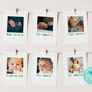 BEWERKBARE kleurrijke fotobanner eerste verjaardag, mijlpaal één is leuke foto's, verjaardagsfotokaarten van maand tot maand, regenboogfeestdecoratie