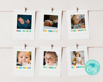 EDITABLE Colorful First Birthday Photo Banner, Milestone One is Fun Photos, Month by Month Birthday Photo Cards, Rainbow Party Decoration