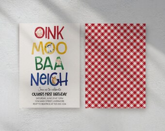 Farm Animals Birthday Invitation, Oink Moo Baa Neigh, Editable Template