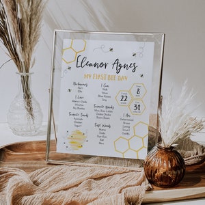 May include: A white printable poster with a yellow honeycomb pattern and a bee theme. The poster says "Eleanor Agnes My First Bee Day" and includes information about the baby's nicknames, what she can do, what she loves, her favorite books and foods, her first words, and her personality traits.