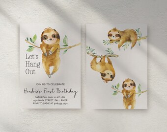 Editable Sloth Birthday Invitation, Let's Hang Out Party (Printable)