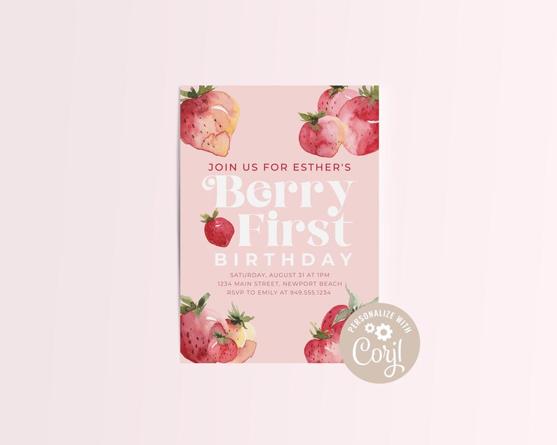 Editable Strawberry Invitation, Berry First Birthday Invite, Girl Summer Birthday, Farmers Market Birthday, Berry Sweet Girl, Sweet One image 1