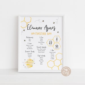 May include: A white framed printable poster with a yellow honeycomb pattern and a bee theme. The poster is titled "Eleanor Agnes My First Bee Day" and includes details about the baby's first year, such as nicknames, favorite foods, first words, and personality traits.