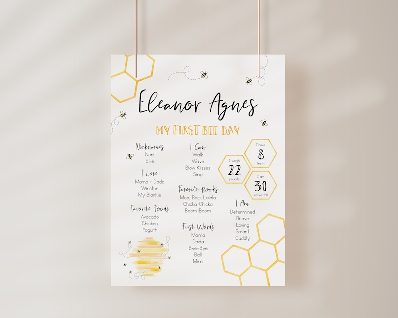 May include: A yellow and white baby milestone poster with a honeycomb pattern and bee illustrations. The poster features the name "Eleanor Agnes" and details about the baby's first year, including their nicknames, favorite foods, and first words. The poster also includes the baby's weight and height at 8 months old.